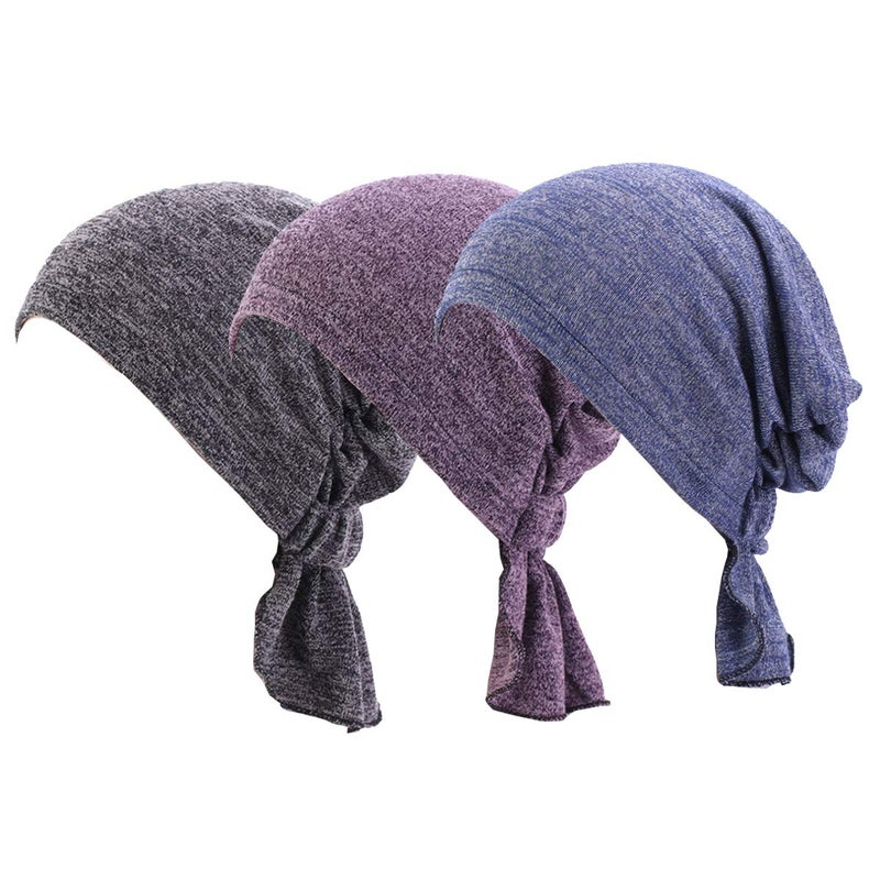 Ever Fairy 3 Colors Chemo Cancer Head Scarf Hat Cap Ethnic Cloth Print Turban Headwear Women Women's Ruffle Beanie Scarf (Grey-purple-navy Blue) - Image 1